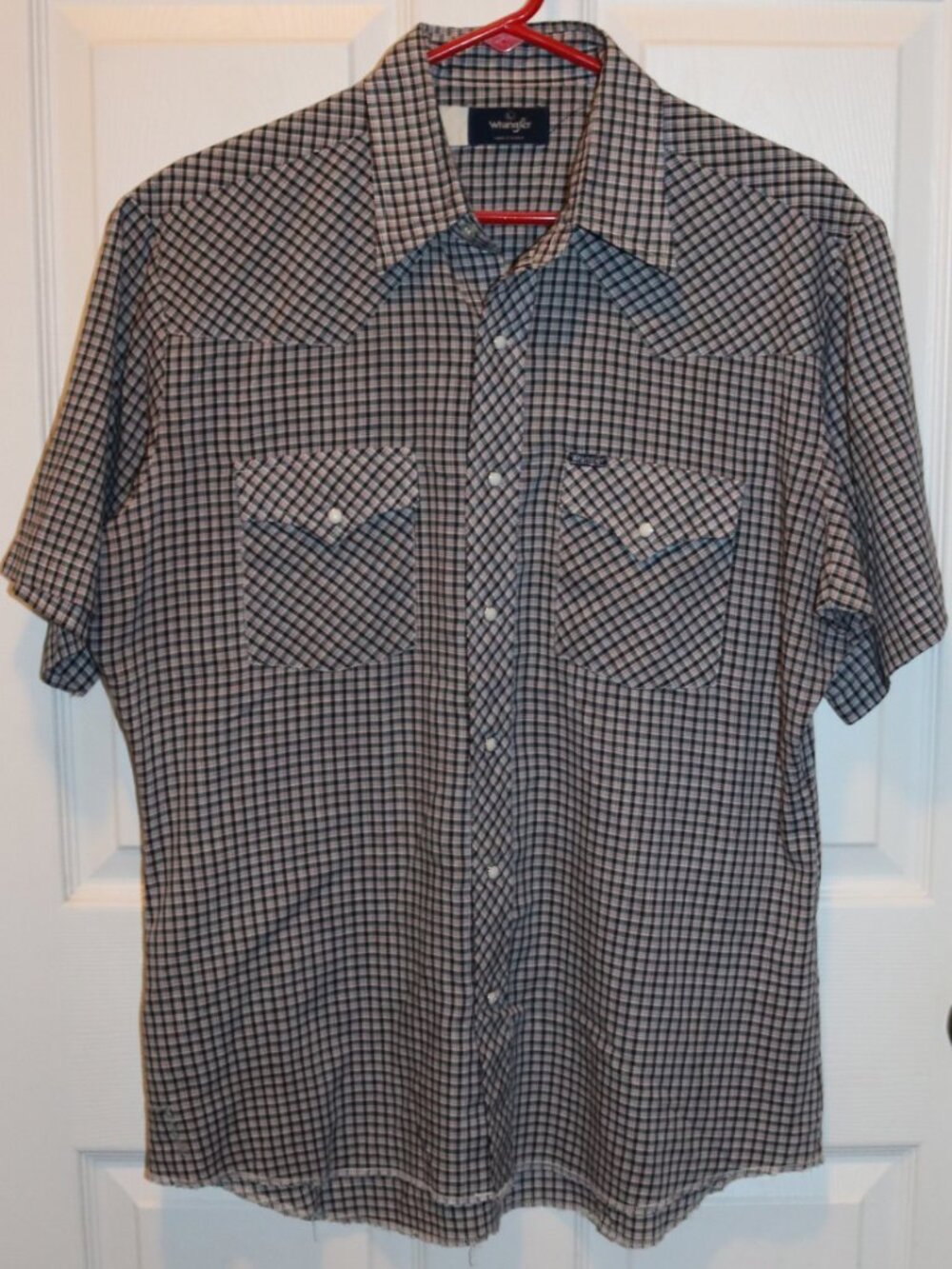 Western Mens Snap Shirt Wrangler Large Black Plaid Short-sleeve Repair
